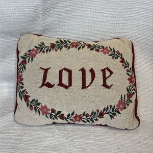 Vintage Cream & Red 'LOVE' Embroidered Throw Pillow